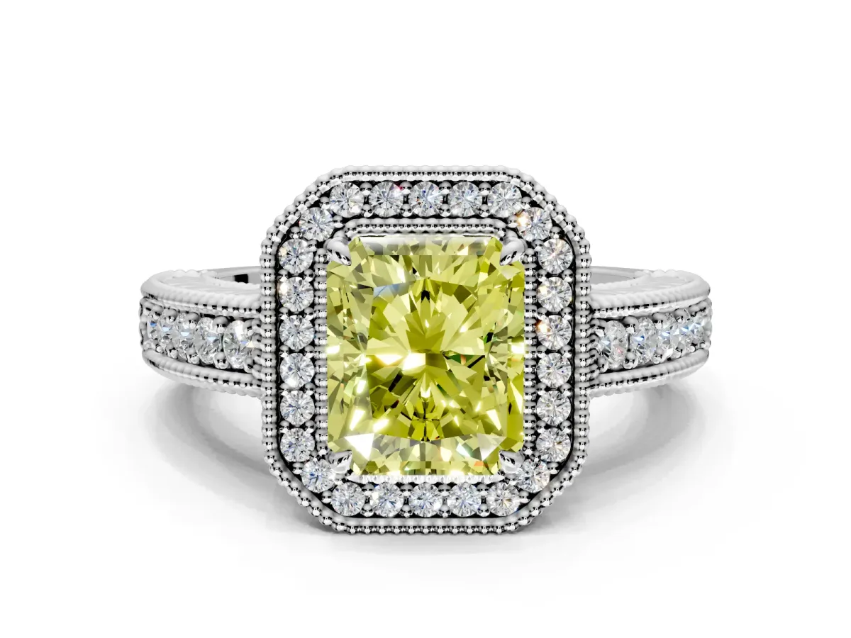 Milgrain Halo Engagement Ring Setting for Fancy Yellow Radiant Cut Center with Pave Band and Prong Head in Sterling Silver