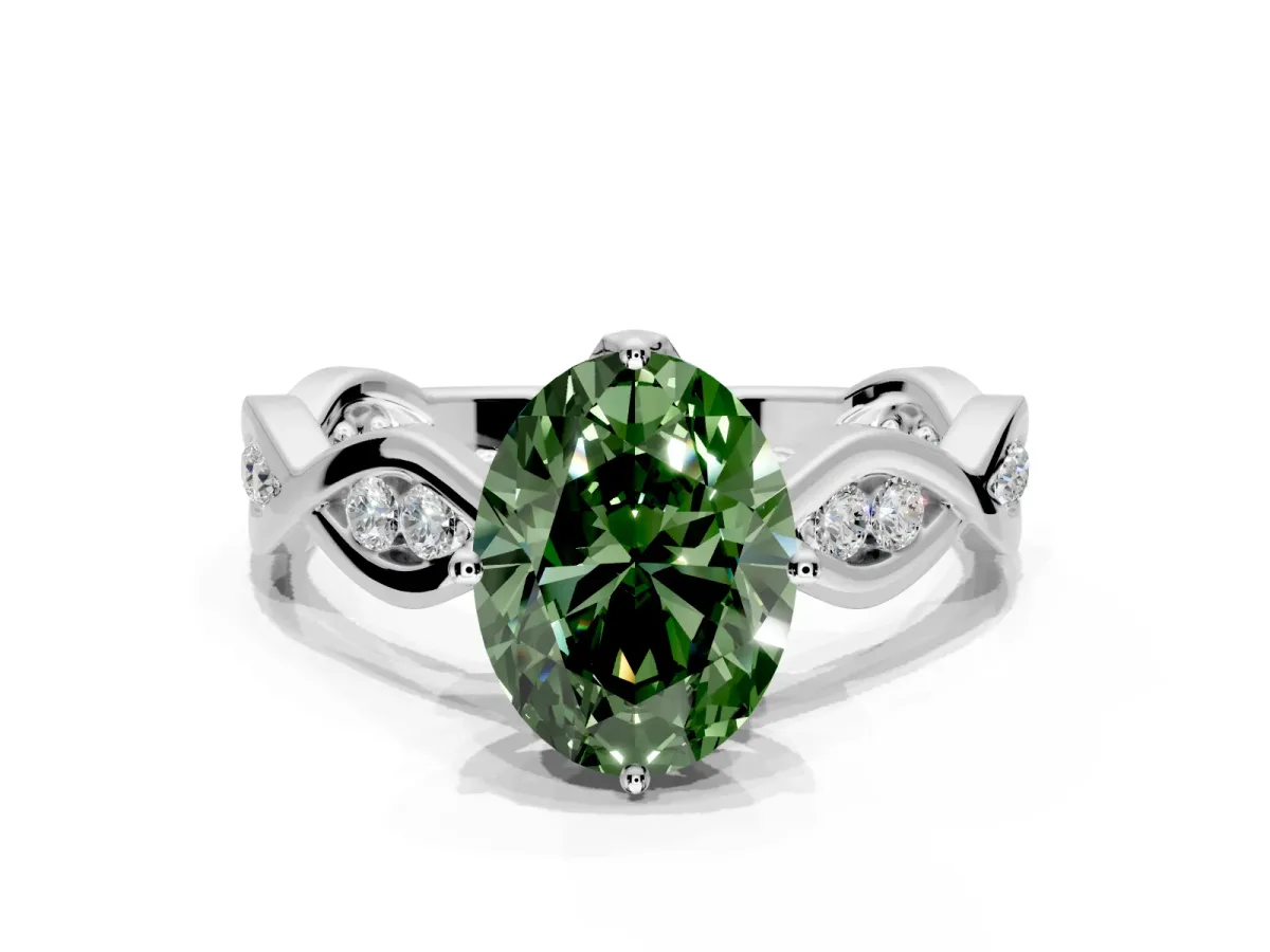 Solitaire Engagement Ring Setting for Fancy Green Oval Center with Accented Twist Band and Leaf Prong Head in Platinum