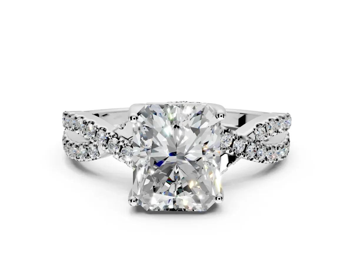 Solitaire Engagement Ring Setting for Radiant Cut Center with Narrow Twist Pave Band and Prong Head in Platinum
