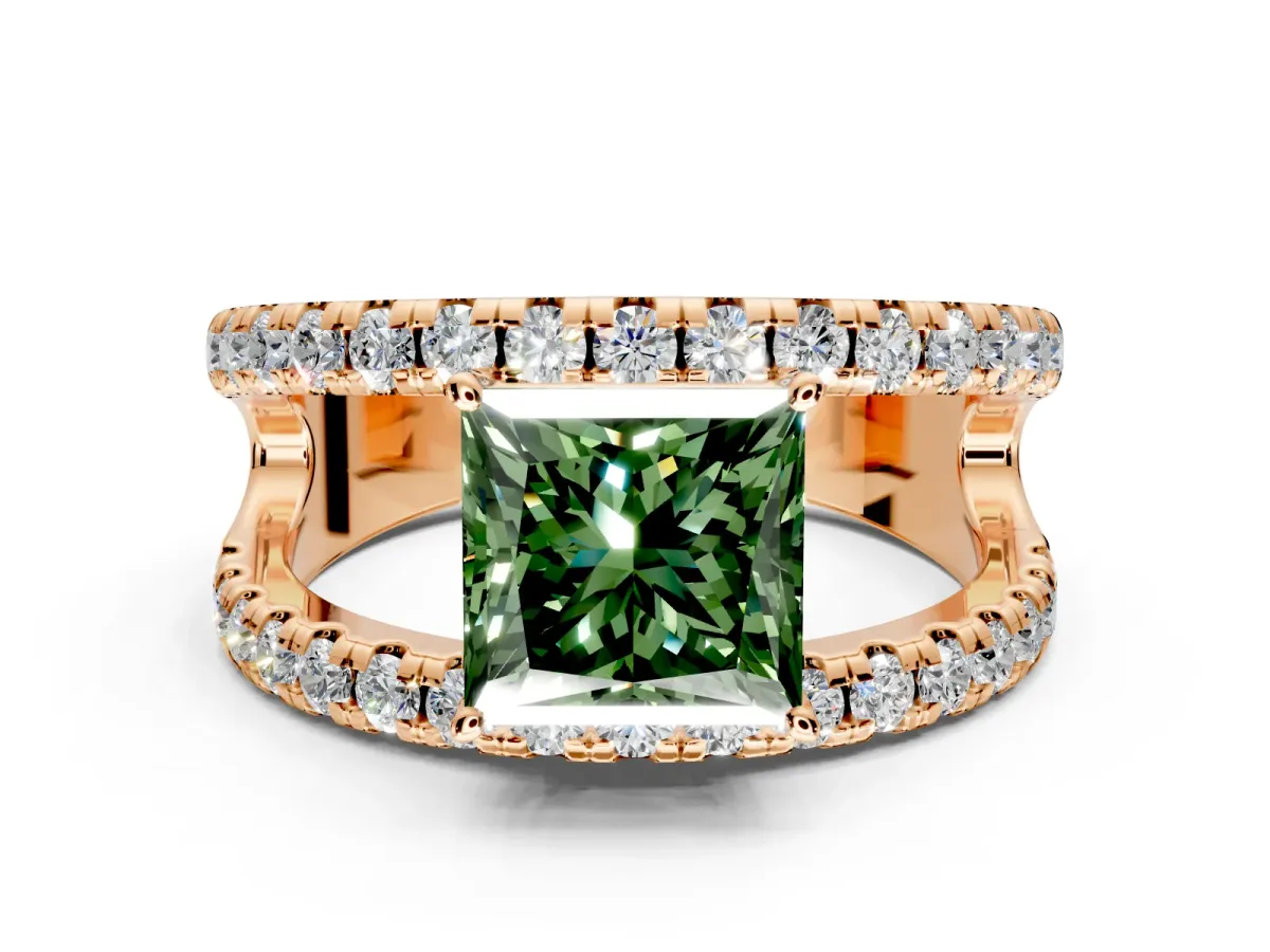 Solitaire Engagement Ring Setting for Fancy Green Princess Cut Center with Wide-Open Split Shank and Prong Head in Rose Gold