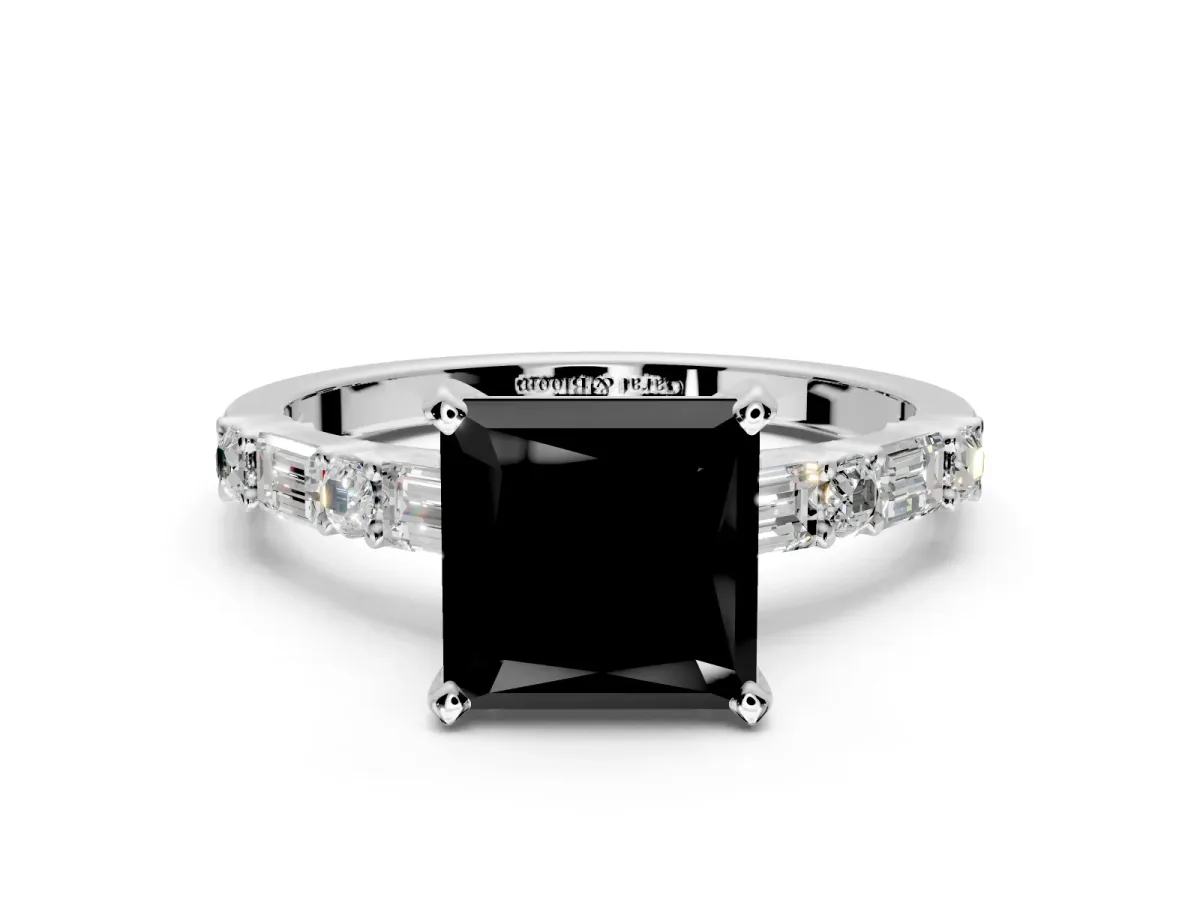 Baguette Engagement Ring Setting for Fancy Black Princess Cut Center with Alternating Bar-Set Band and Prong Head in White Gold