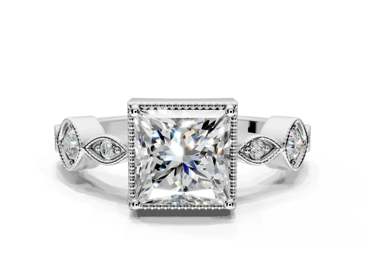 Vintage Station Engagement Ring Setting for Princess Cut Center with Accents and Prong Head in White Gold