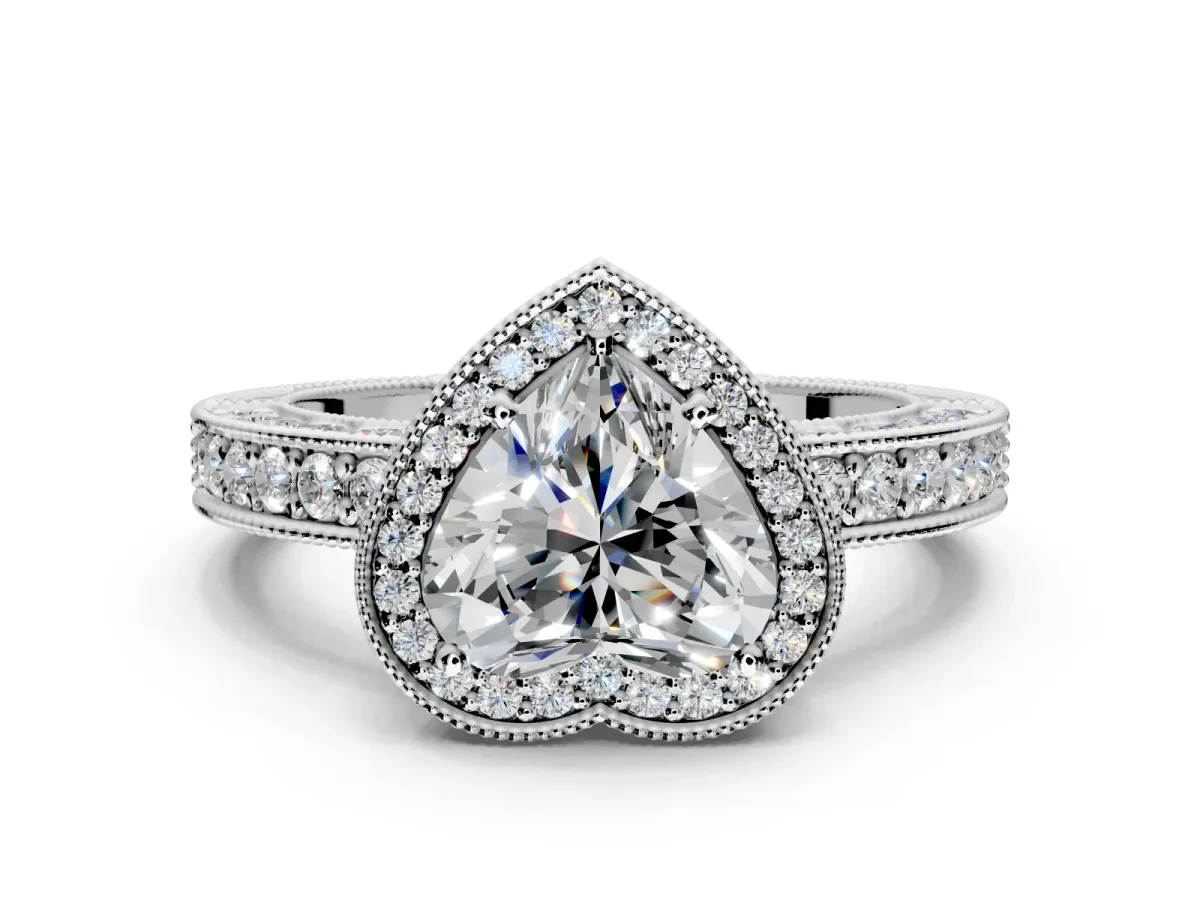 Milgrain Halo Engagement Ring Setting for Heart-Shaped Center with Wide Pave Band and Prong Head in Sterling Silver