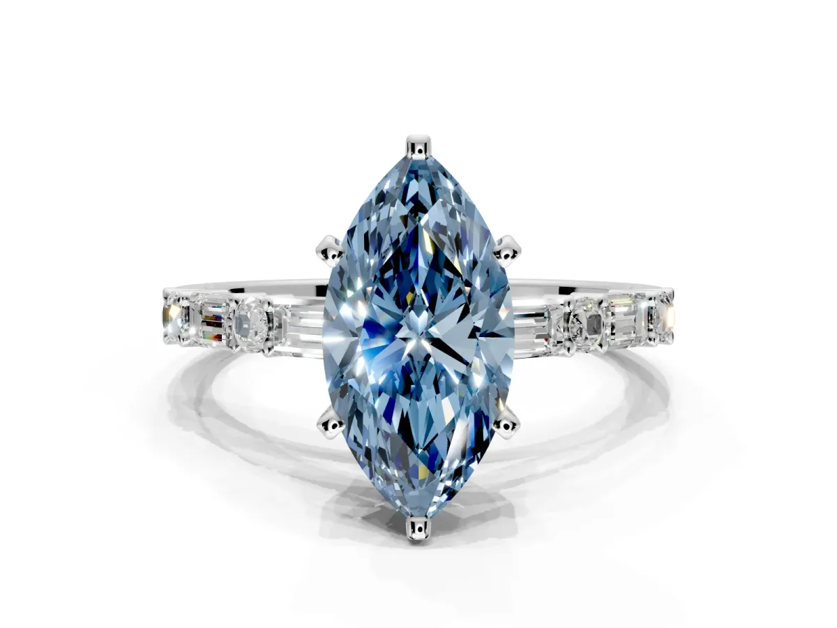 Baguette Engagement Ring Setting for Fancy Blue Marquise Center with Alternating Bar-Set Band and Prong Head in Platinum