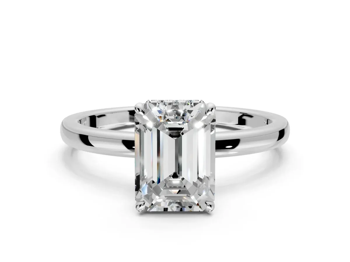 Hidden Halo Engagement Ring Setting for Emerald Cut Center with Plain Band and Tall Prong Head in Sterling Silver