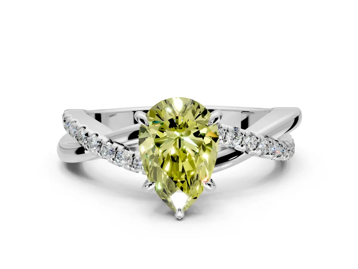 Crossover Engagement Ring Setting for Fancy Yellow Pear-Shaped Center with Pave and Plain Strands and Prong Head in Sterling Silver