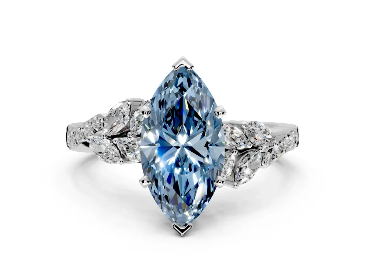 Solitaire Engagement Ring Setting for Fancy Blue Marquise Center with Marquise Accent Twist Band and Prong Head in Platinum