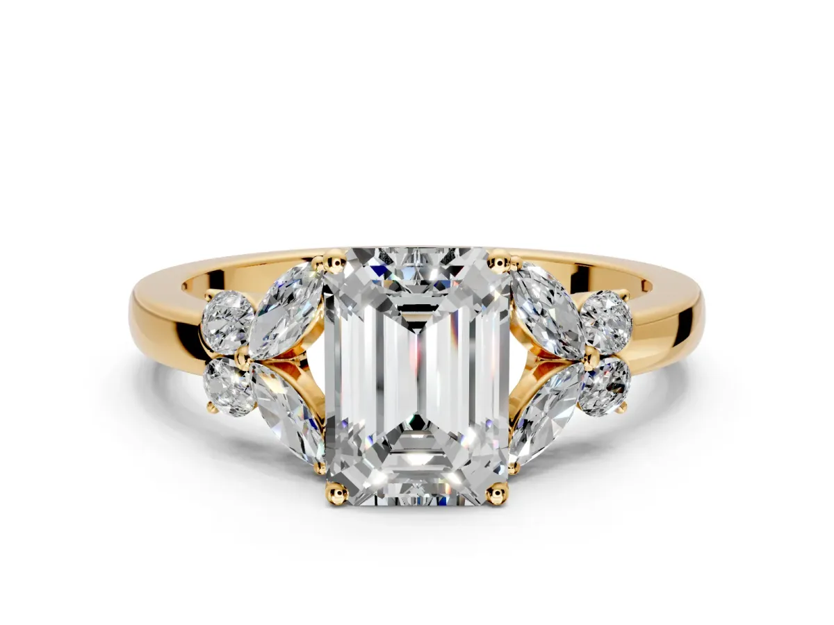 Solitaire Engagement Ring Setting for Emerald Cut Center with Marquise Flower Shoulders and Prong Head in Yellow Gold