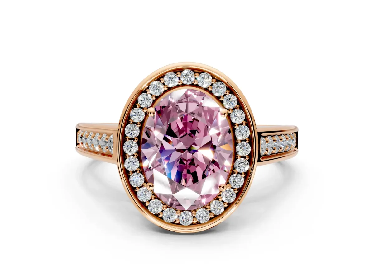 Halo Engagement Ring Setting for Fancy Pink Oval Center with Outer Bezel Rim, Pave Band and Prong Head in Rose Gold