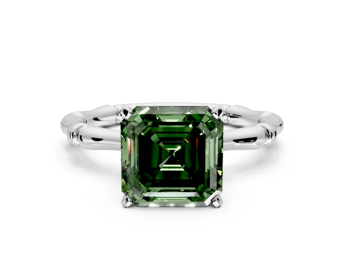 Solitaire Engagement Ring Setting for Fancy Green Asscher Cut Center with Bamboo Band and Prong Head in Platinum