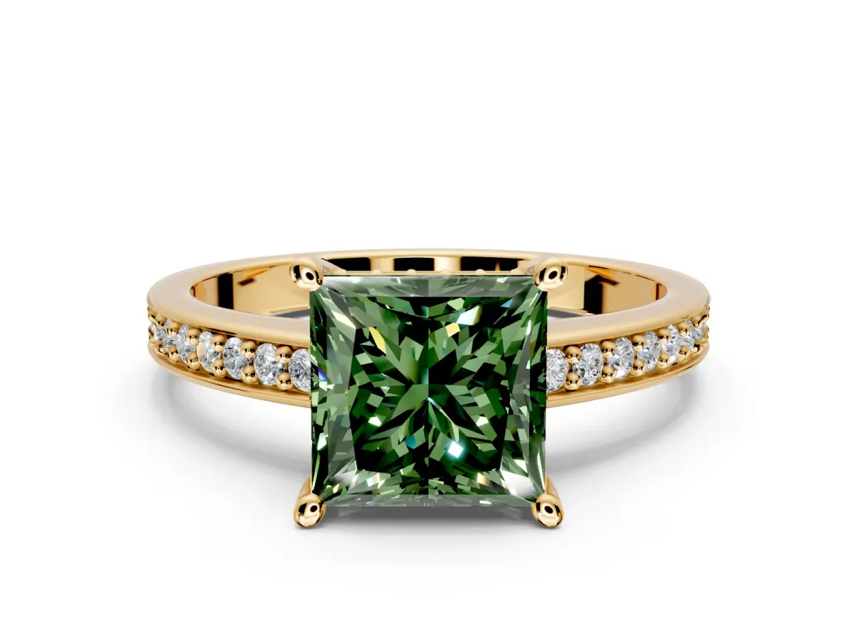 Solitaire Engagement Ring Setting for Fancy Green Princess Cut Center with Channel-Set Accent Band and Prong Head in Yellow Gold