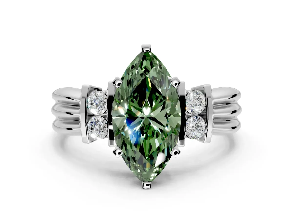 Solitaire Engagement Ring Setting for Fancy Green Marquise Center with Grooved Bar Accent Band and Prong Head in White Gold