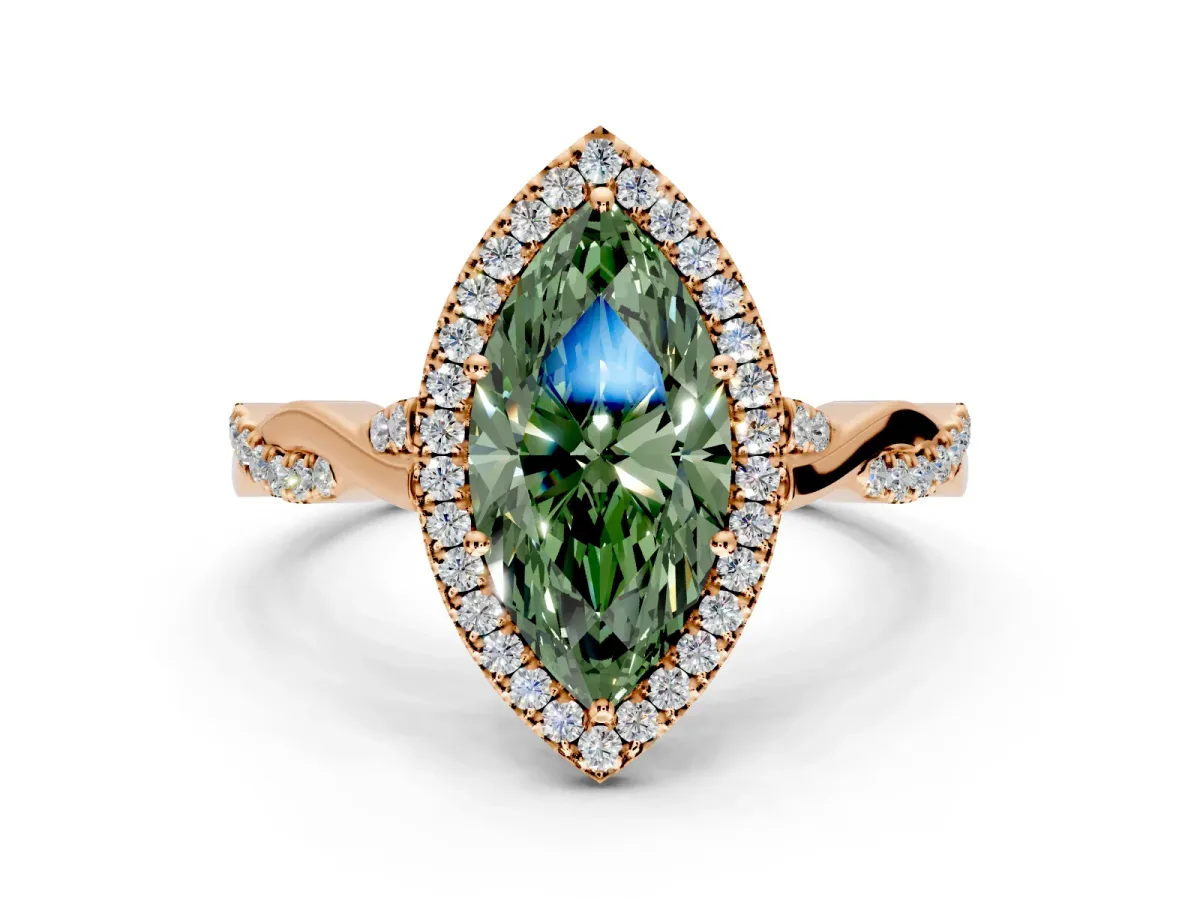 Halo Engagement Ring Setting for Fancy Green Marquise Center with Twist Band and Prong Head in Rose Gold