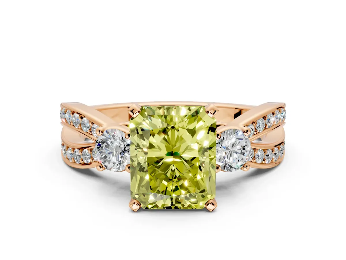 3 Stone Engagement Ring Setting for Fancy Yellow Radiant Cut Center with Pave Twist Band and Prong Head in Rose Gold