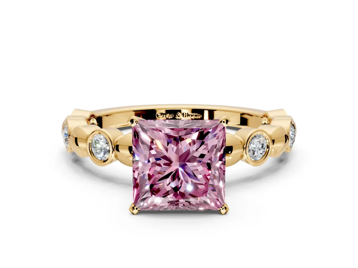 Solitaire Engagement Ring Setting for Fancy Pink Princess Cut Center with Beaded Bezel Station Band and Prong Head in Yellow Gold