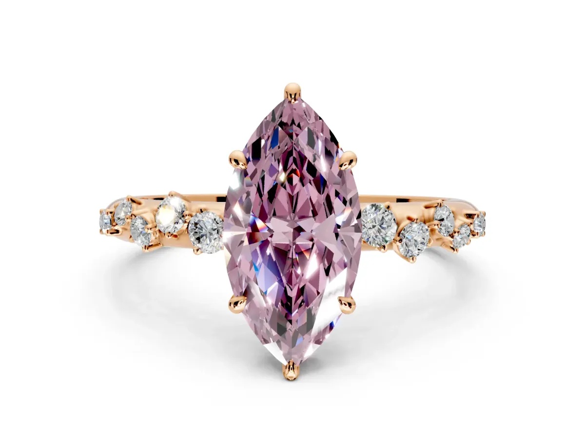 Cluster Engagement Ring Setting for Fancy Pink Marquise Center with Round Cut Accent Band and Prong Head in Rose Gold