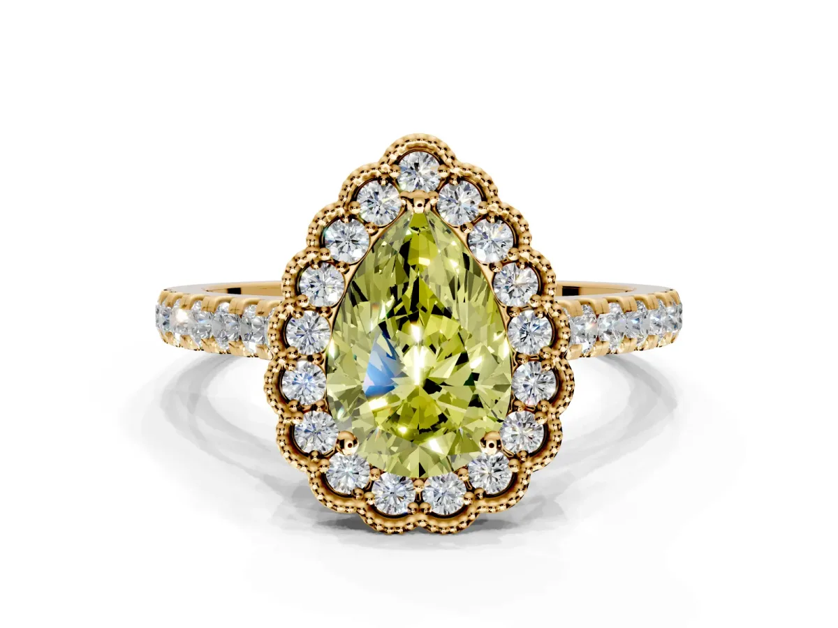 Milgrain Floral Halo Engagement Ring Setting for Fancy Yellow Pear-Shaped Center with Pave Band and Prong Head in Yellow Gold