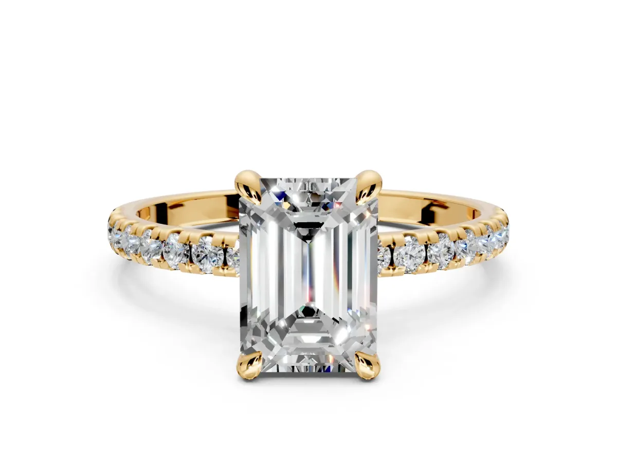 Solitaire Engagement Ring Setting for Emerald Cut Center with Fine Pave Narrow Band and Prong Head in Yellow Gold