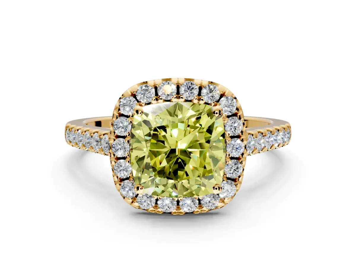 Halo Engagement Ring Setting for Fancy Yellow Cushion Cut Center with Raised Halo, Pave Band and Prong Head in Yellow Gold
