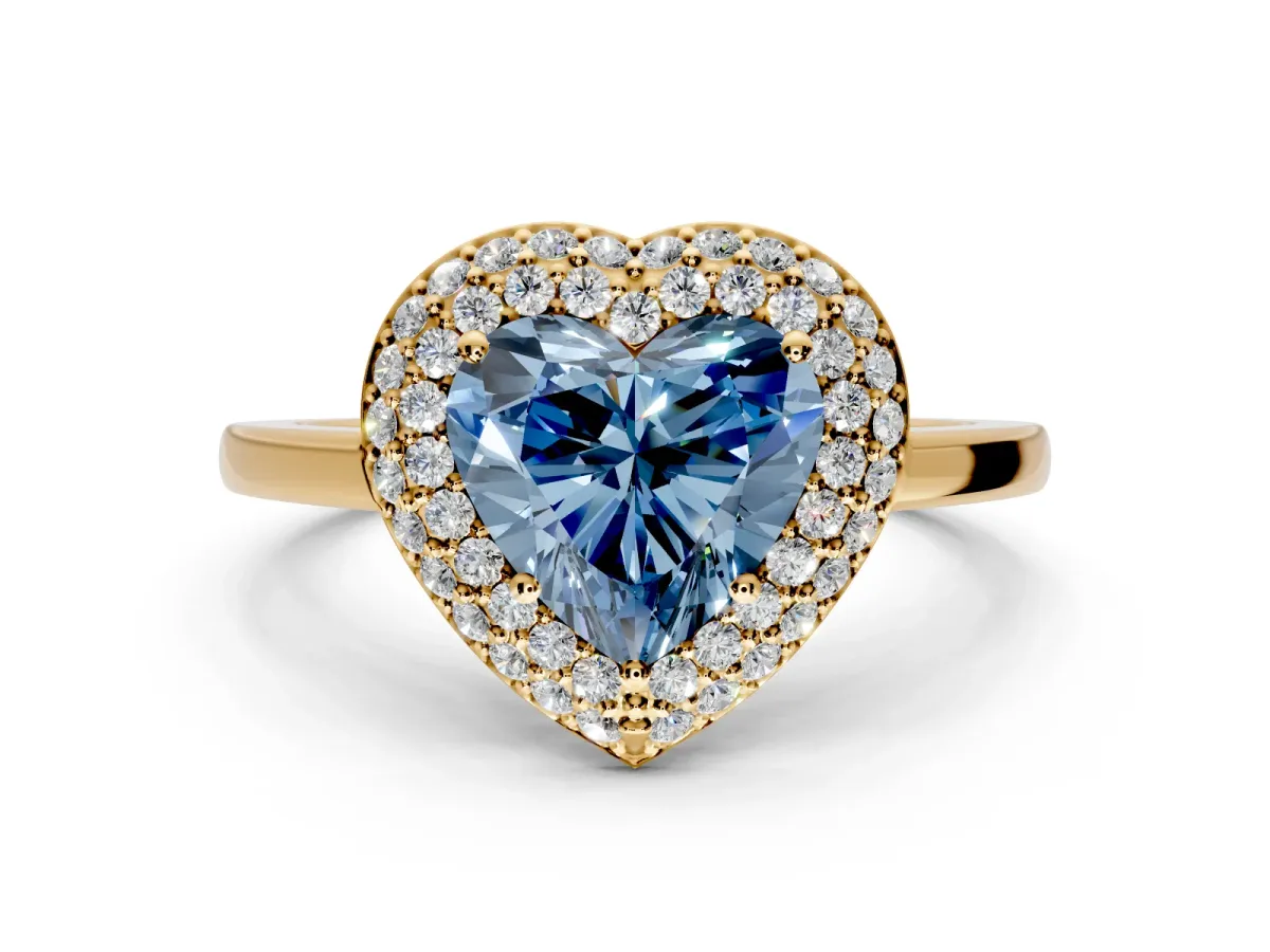 Halo Engagement Ring Setting for Fancy Blue Heart-Shaped Center with Plain Tapered Band and Prong Head in Yellow Gold