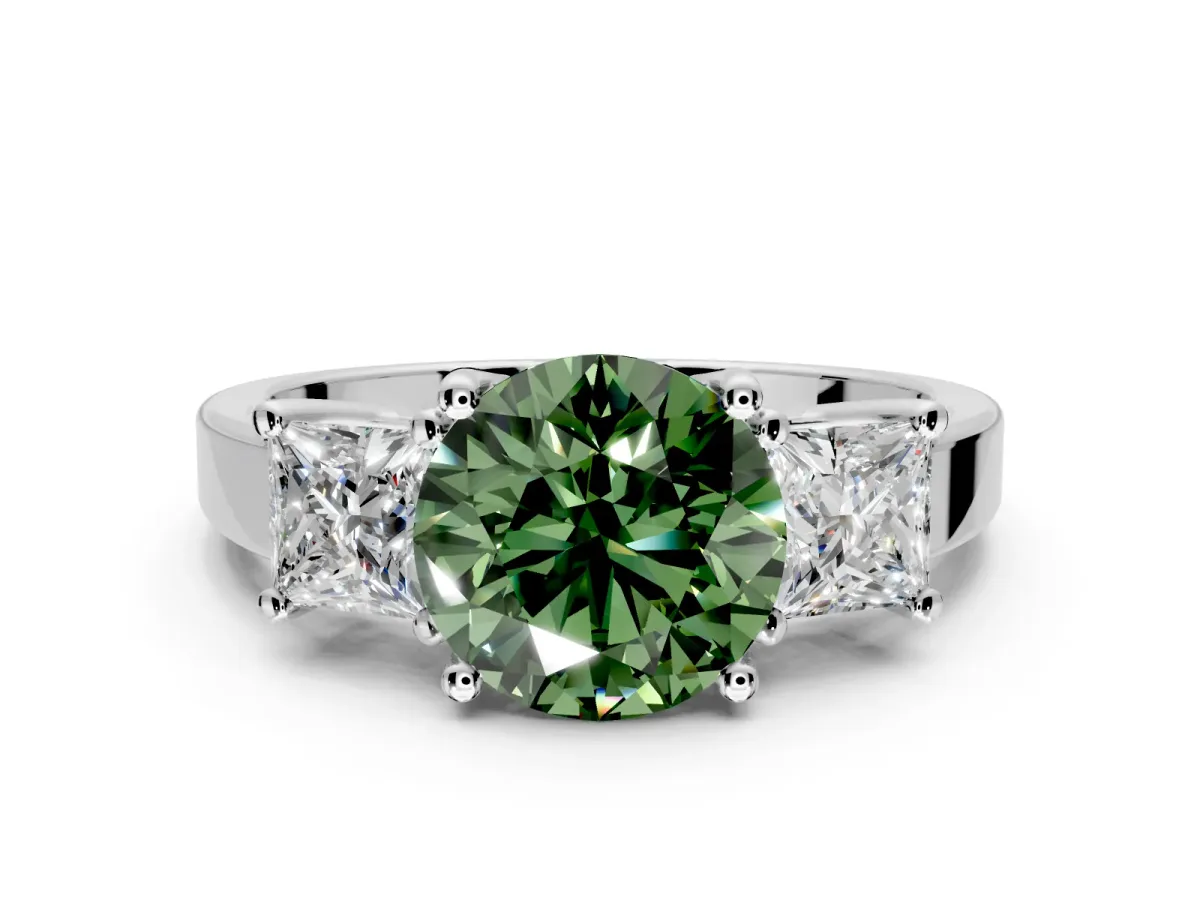 3 Stone Engagement Ring Setting for Fancy Green Round Cut Center with Matching Side Accents and Prong Head in Platinum