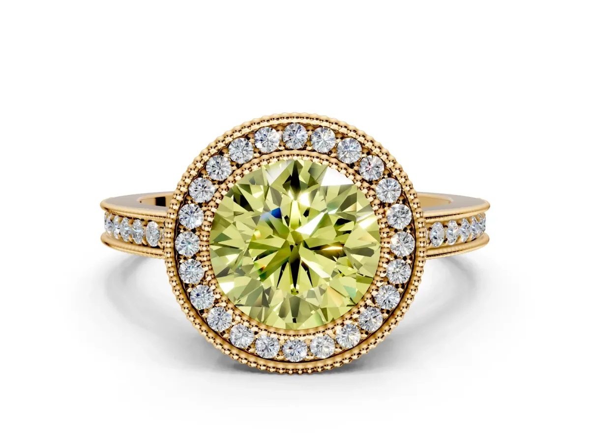 Halo Engagement Ring Setting for Fancy Yellow Round Cut Center with Milgrain Halo, Pave Band and Prong Head in Yellow Gold