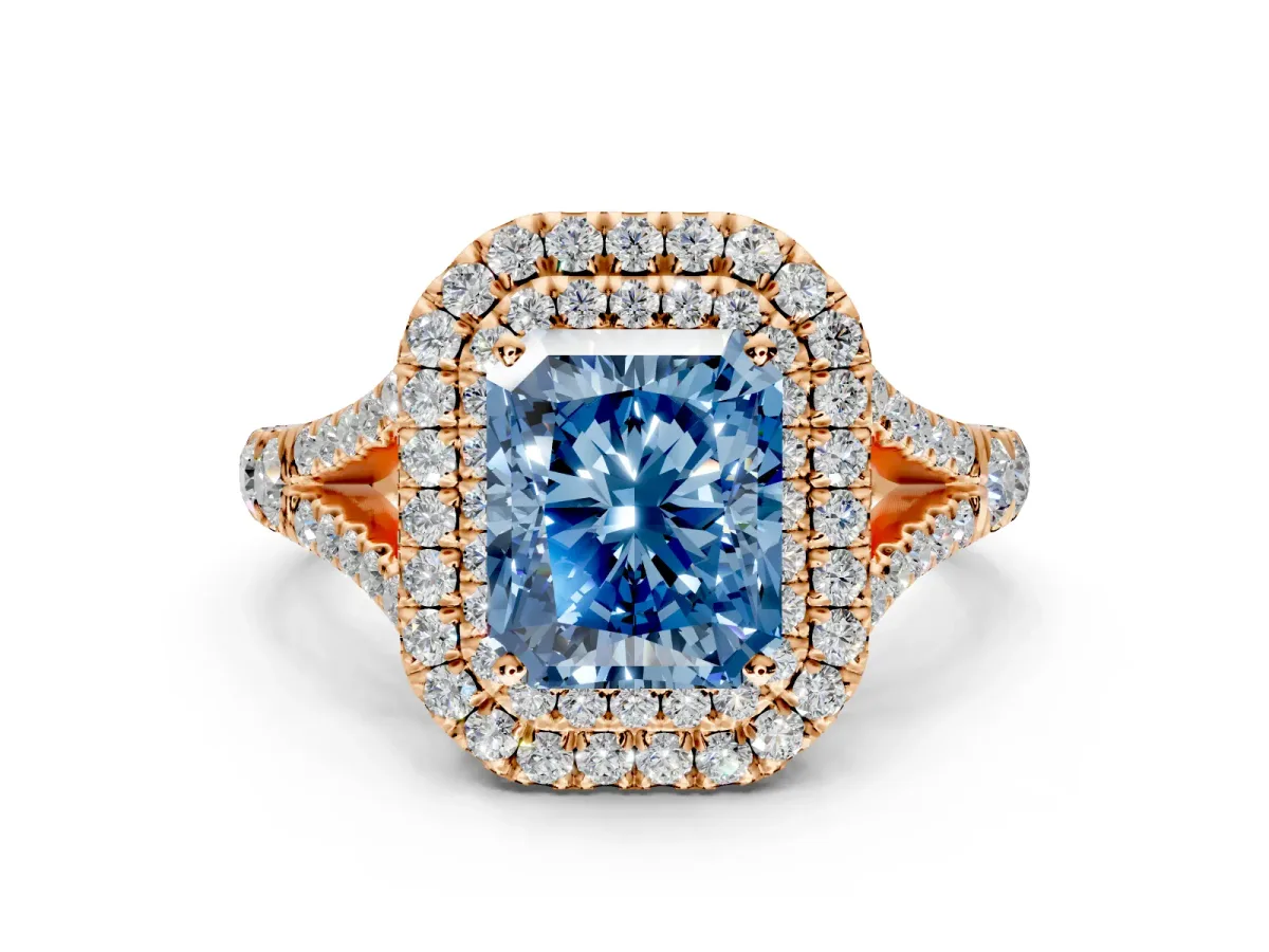 Double Halo Engagement Ring Setting for Fancy Blue Radiant Cut Center with Narrow Pave Split Shank and Prong Head in Rose Gold