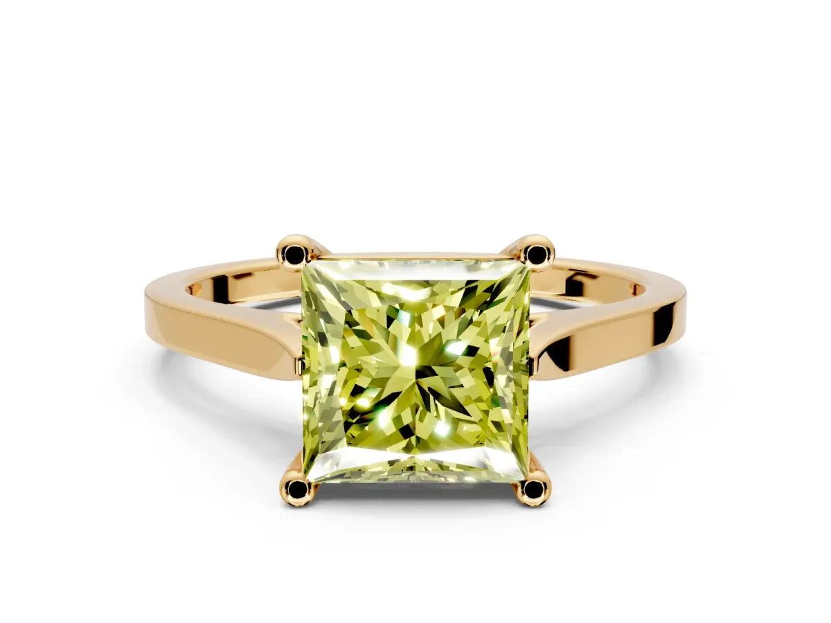 Solitaire Engagement Ring Setting for Fancy Yellow Princess Cut Center with Tapered Shoulders and Prong Head in Yellow Gold