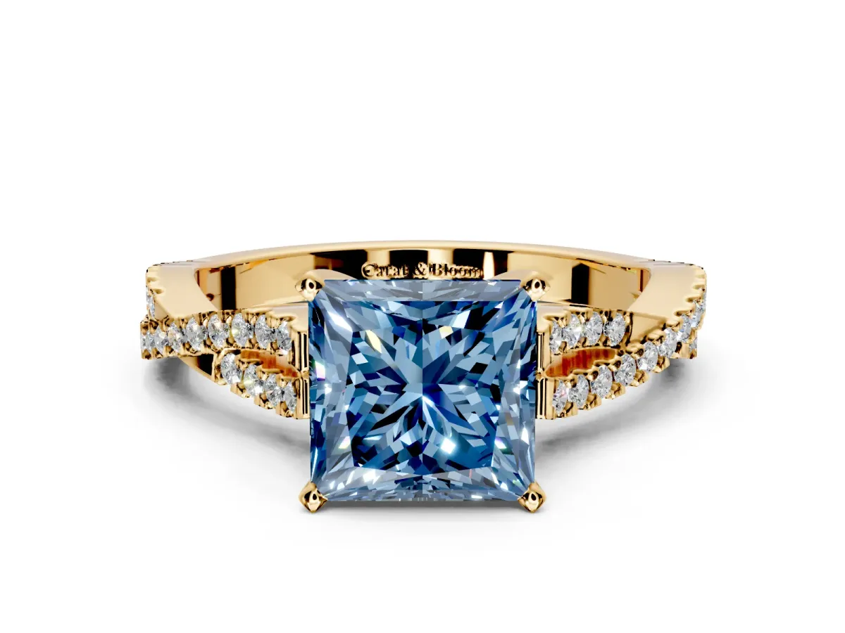 Solitaire Engagement Ring Setting for Fancy Blue Princess Cut Center with Twisted Pave Split Shank and Prong Head in Yellow Gold
