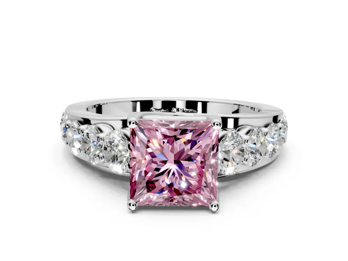 Solitaire Engagement Ring Setting for Fancy Pink Princess Cut Center with Graduated Shared Prongs and Prong Head in Platinum