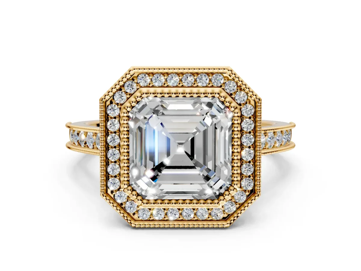 Halo Engagement Ring Setting for Asscher Cut Center with Milgrain Pave Band and Bezel Head in Yellow Gold