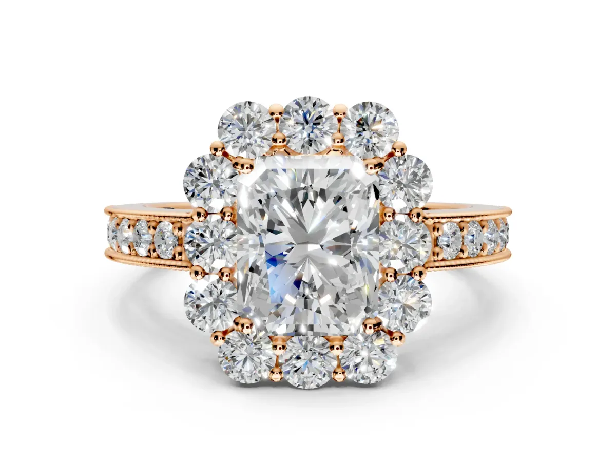 Halo Engagement Ring Setting for Radiant Cut Center with Milgrain Channel Band and Prong Head in Rose Gold