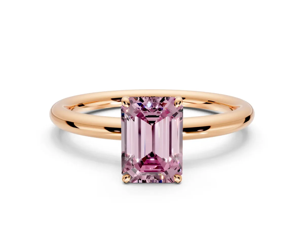 Low-Set Solitaire Engagement Ring Setting for Fancy Pink Emerald Cut Center with Thin Plain Band and Prong Head in Rose Gold