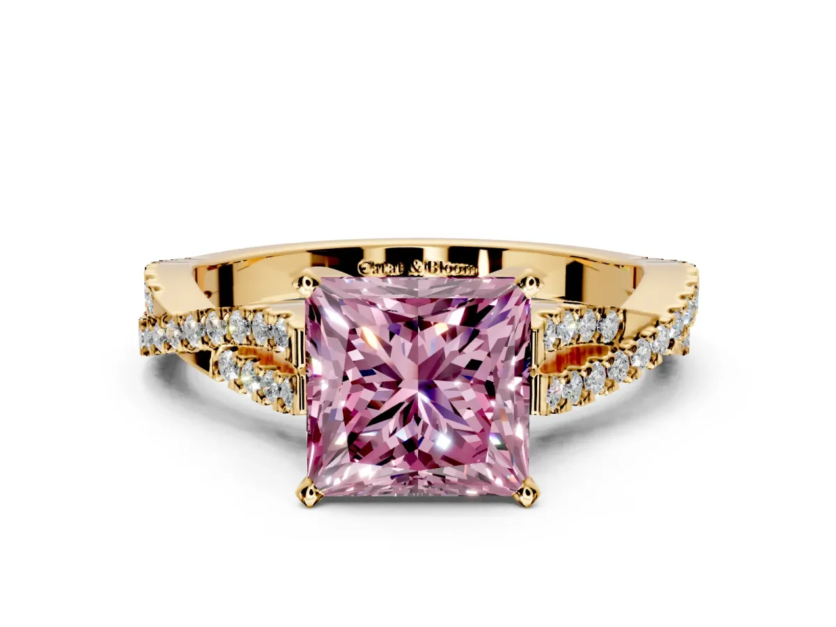 Solitaire Engagement Ring Setting for Fancy Pink Princess Cut Center with Twisted Pave Split Shank and Prong Head in Yellow Gold