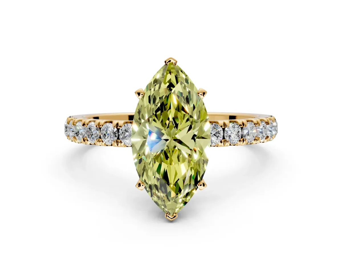 Open Basket Engagement Ring Setting for Fancy Yellow Marquise Center with Pave Band and Prong Head in Yellow Gold