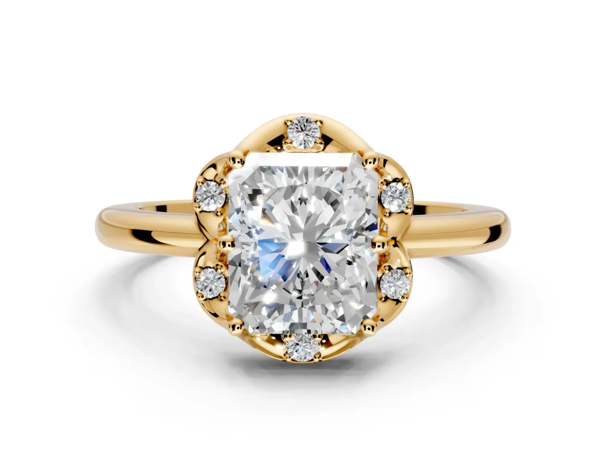 Floral Frame Engagement Ring Setting for Radiant Cut Center with Accent Clusters and Prong Head in Yellow Gold