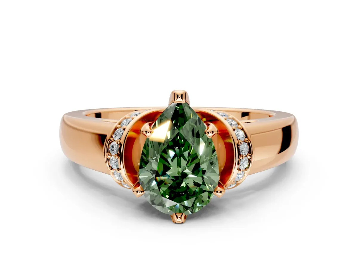 Solitaire Engagement Ring Setting for Fancy Green Pear-Shaped Center with Wide Band, Pave Collar and Prong Head in Rose Gold