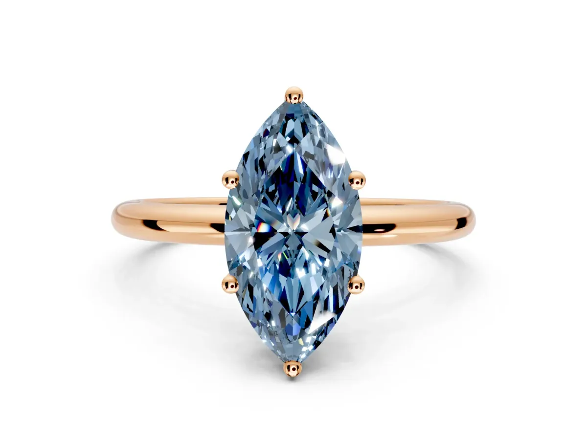 Hidden Halo Engagement Ring Setting for Fancy Blue Marquise Center with Thin Round-Wire Band and Prong Head in Rose Gold