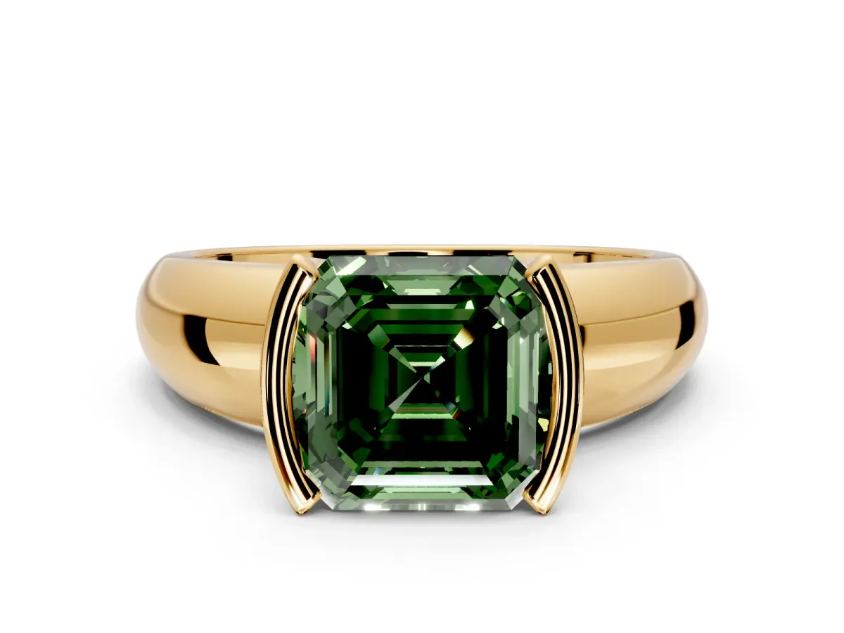 Tension Engagement Ring Setting for Fancy Green Asscher Cut Center with Wide Flat Band and Tension Head in Yellow Gold