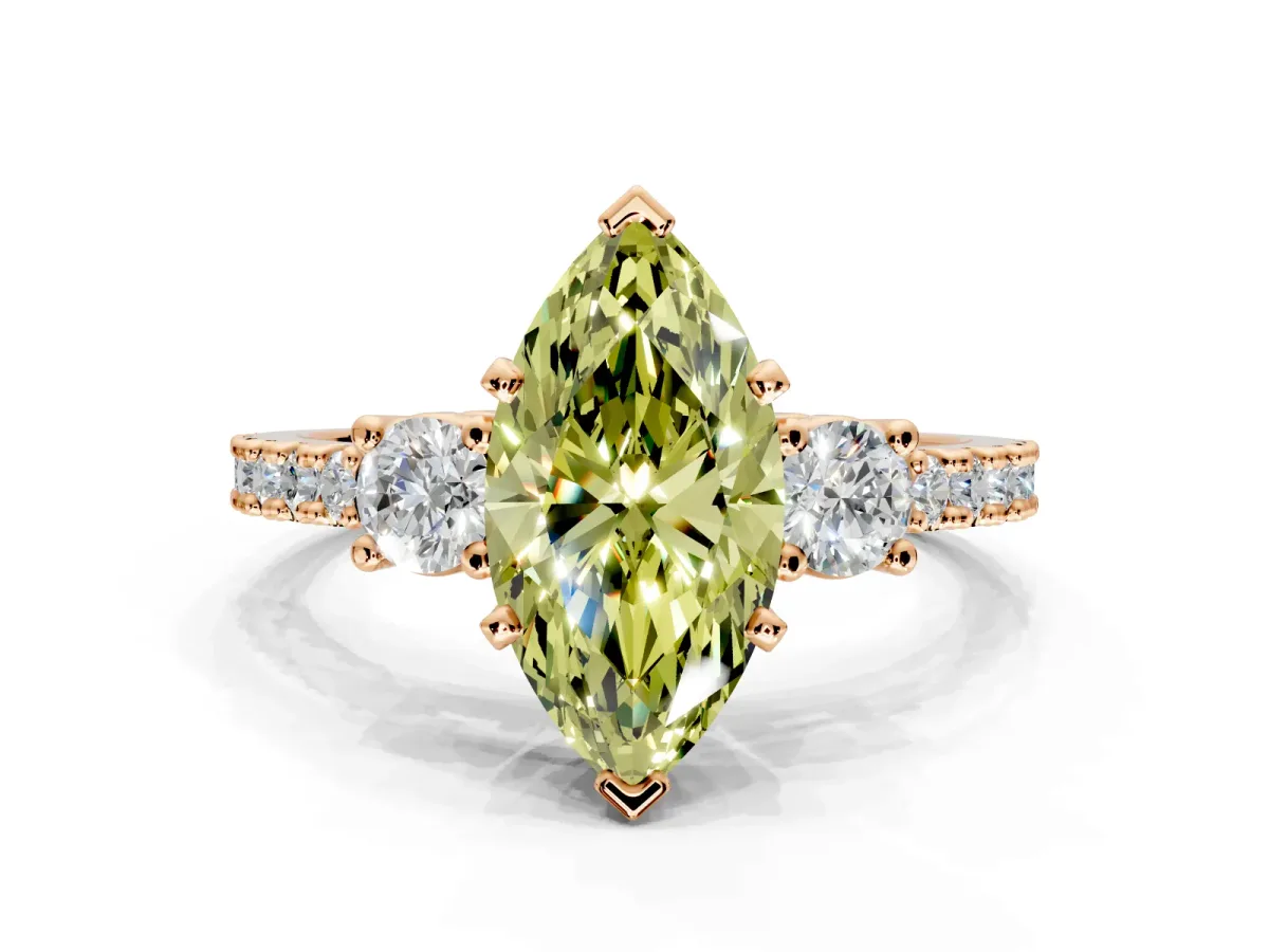 3 Stone Engagement Ring Setting for Fancy Yellow Marquise Center with Round Cut Side Accents and Prong Head in Rose Gold