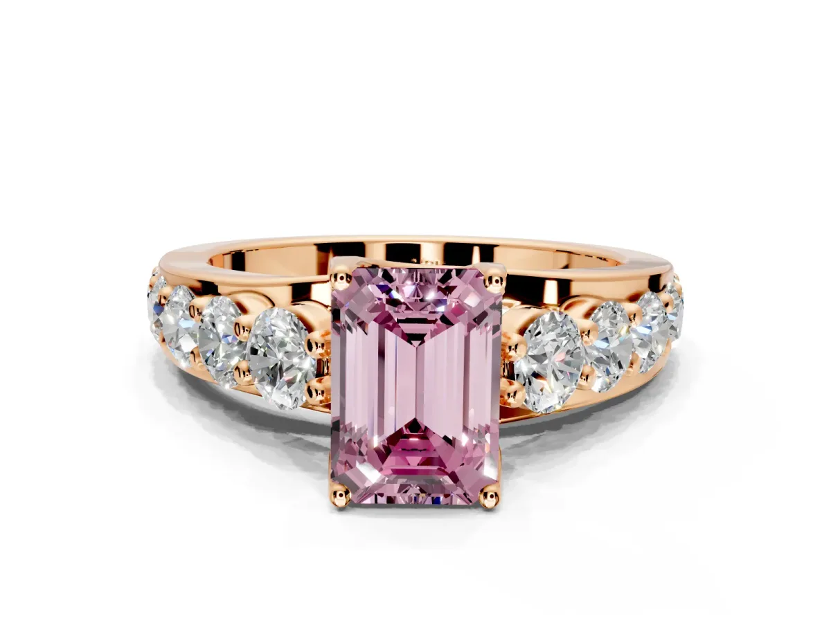 Solitaire Engagement Ring Setting for Fancy Pink Emerald Cut Center with Graduated Shared Prongs and Prong Head in Rose Gold
