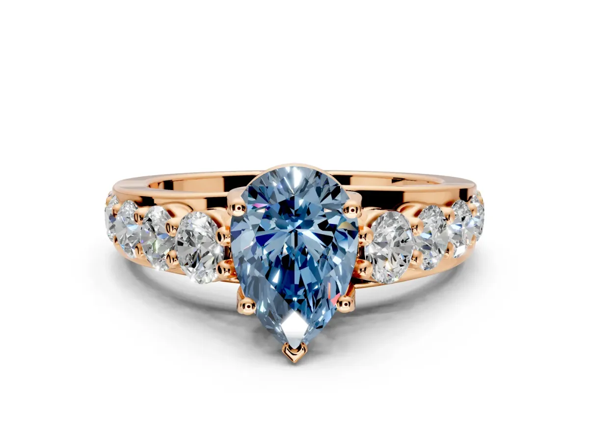 Solitaire Engagement Ring Setting for Fancy Blue Pear-Shaped Center with Graduated Shared Prongs and Prong Head in Rose Gold