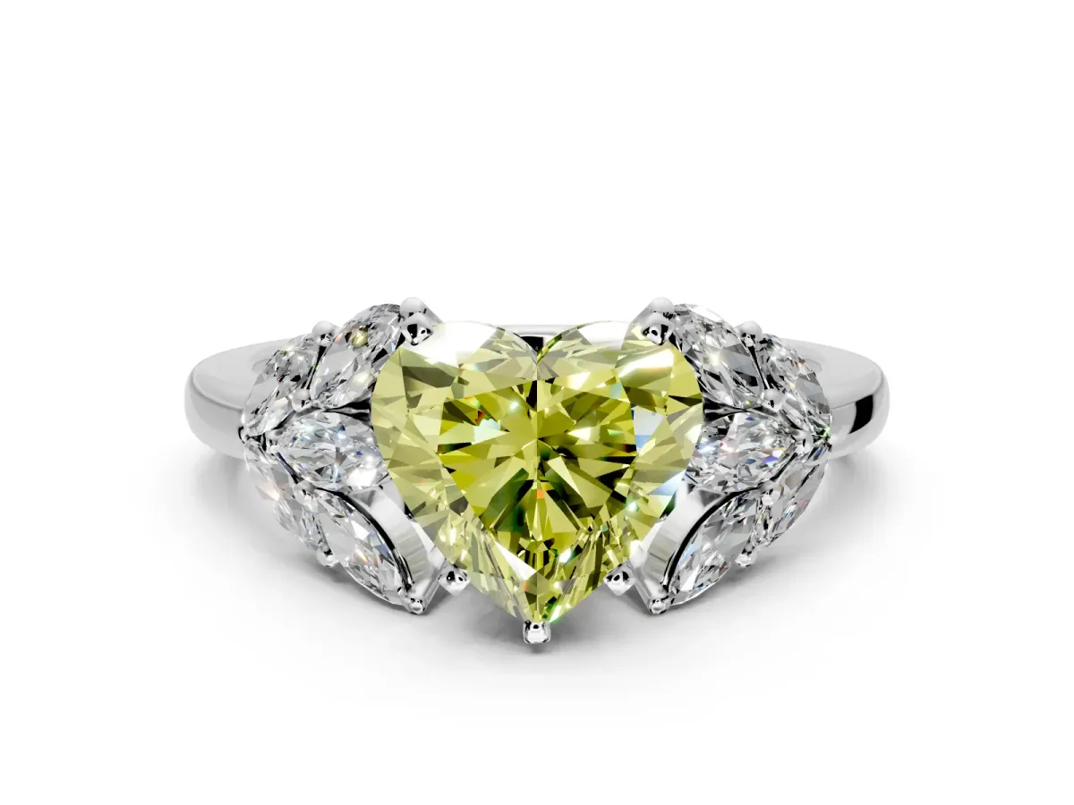 Leaf Cluster Engagement Ring Setting for Fancy Yellow Heart-Shaped Center with Marquise Accents and Prong Head in Platinum