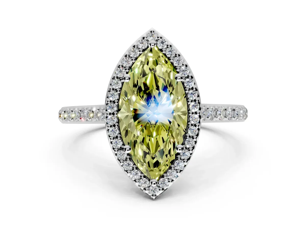 Halo Engagement Ring Setting for Fancy Yellow Marquise Center with Pave Accents, Heart Basket and Prong Head in Platinum