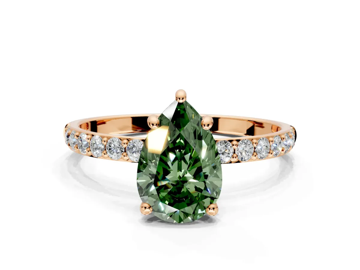 Solitaire Engagement Ring Setting for Fancy Green Pear-Shaped Center with Pave Accents and Prong Head in Rose Gold
