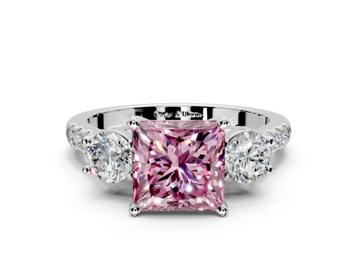 3 Stone Engagement Ring Setting for Fancy Pink Princess Cut Center with Crossover Basket, Pave Band and Prong Head in Sterling Silver