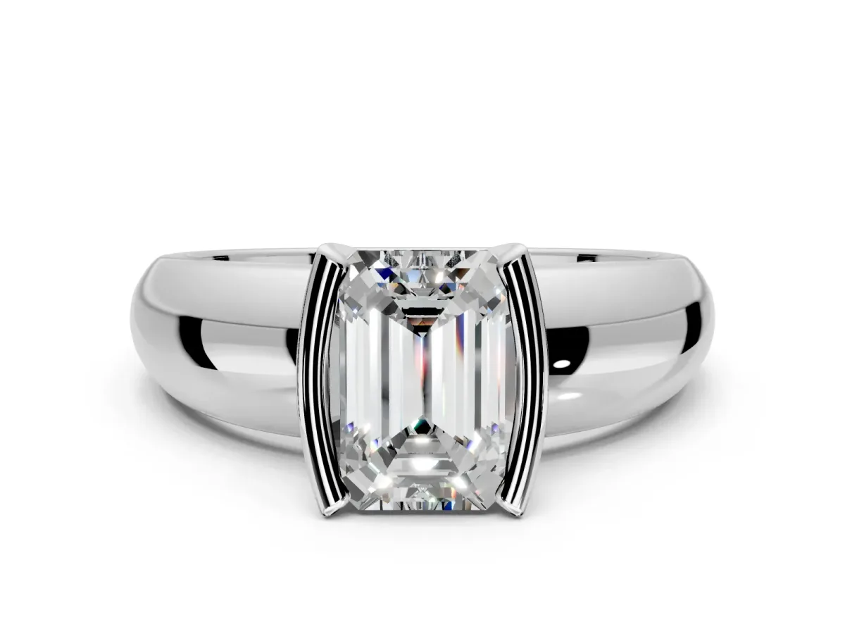 Tension Engagement Ring Setting for Emerald Cut Center with Wide Flat Band and Tension Head in Sterling Silver