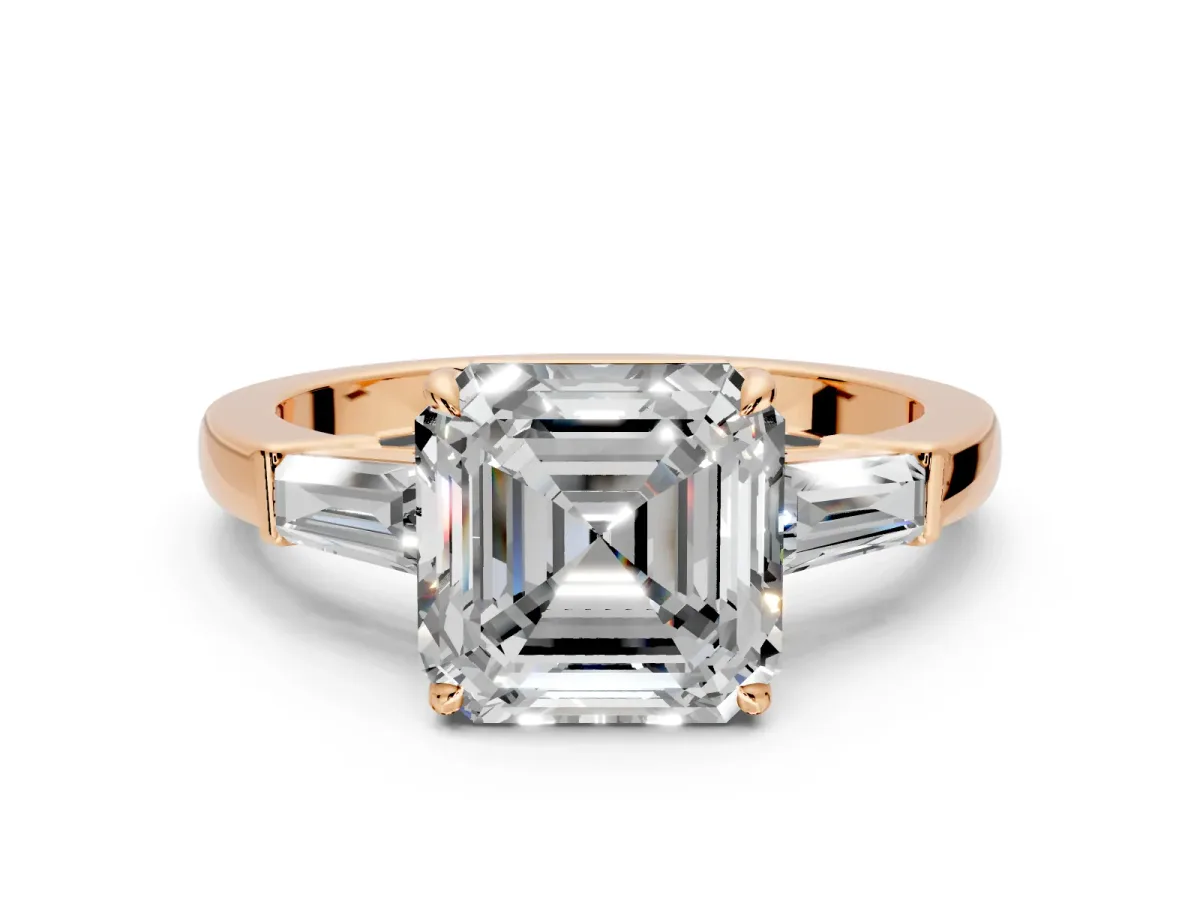 3 Stone Engagement Ring Setting for Asscher Cut Center with Baguette Accents and Prong Head in Rose Gold