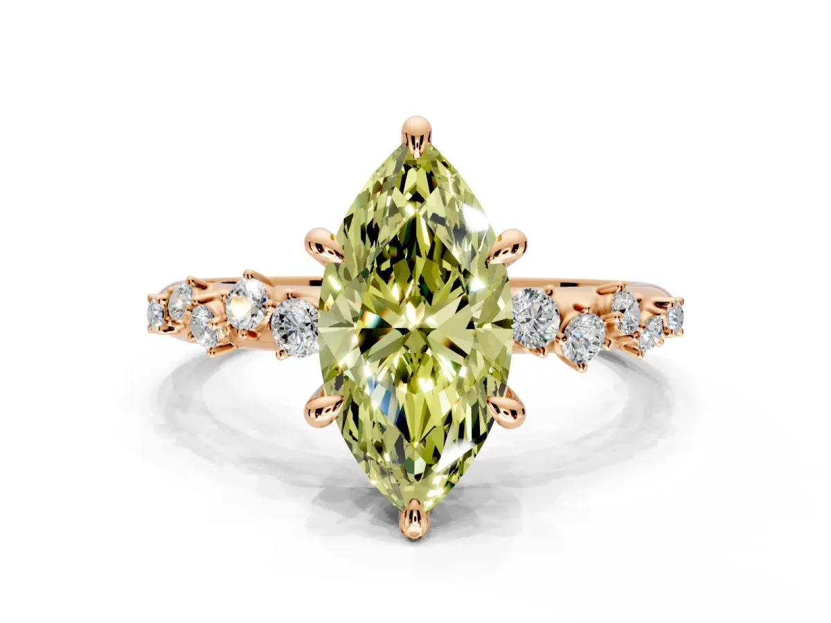 Solitaire Engagement Ring Setting for Fancy Yellow Marquise Center with Trailing Leaf Accent Band and Prong Head in Rose Gold