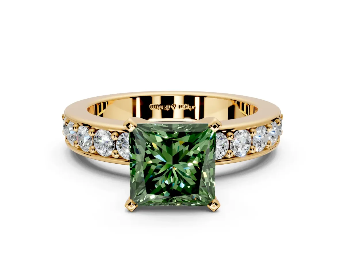 Solitaire Engagement Ring Setting for Fancy Green Princess Cut Center with Channel-Set Accents and Prong Head in Yellow Gold